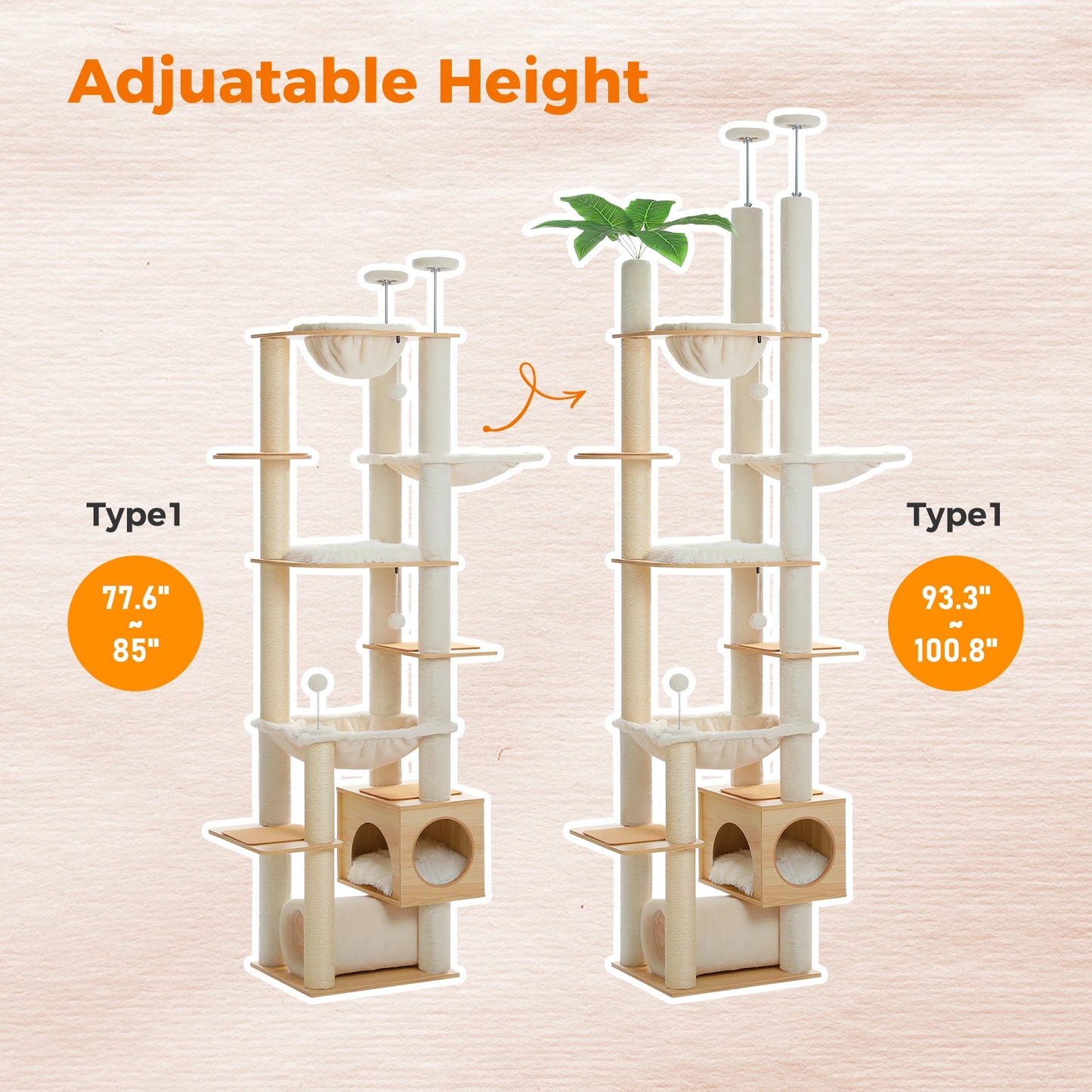 PAWZ Road Height Adjustable Wooden Cat Tree Sisal Posts Hammock