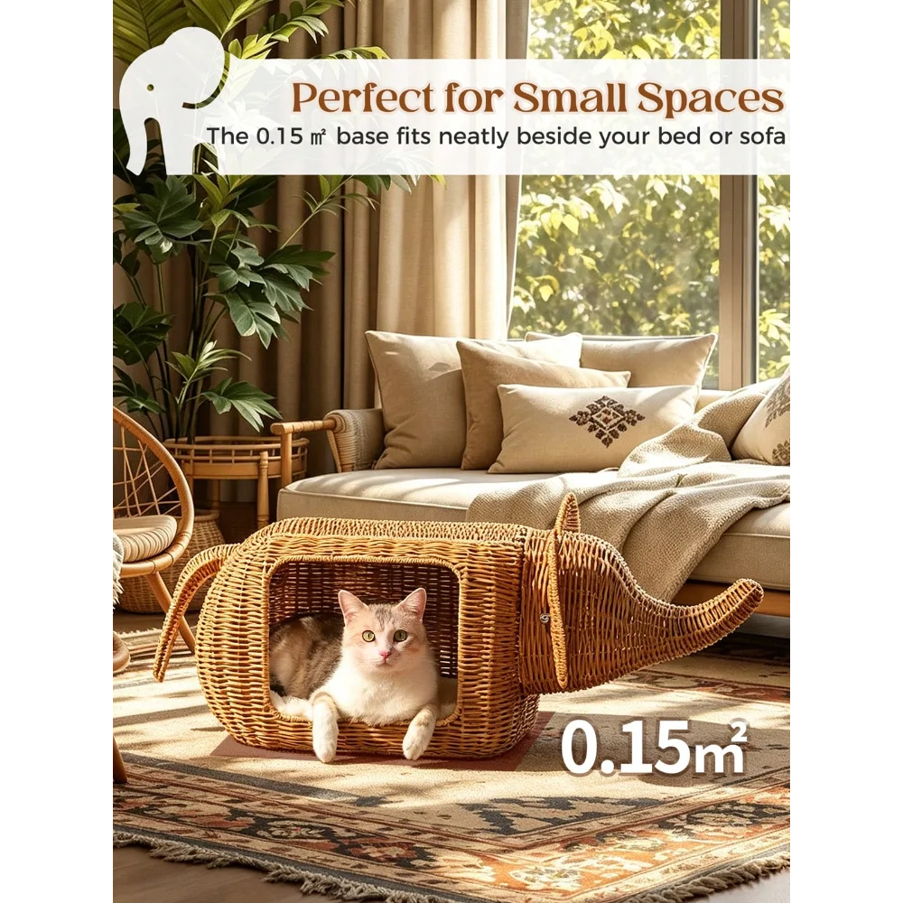 XMSJ Elephant Cat Bed Indoor Handwoven Wicker With Plush Cushion