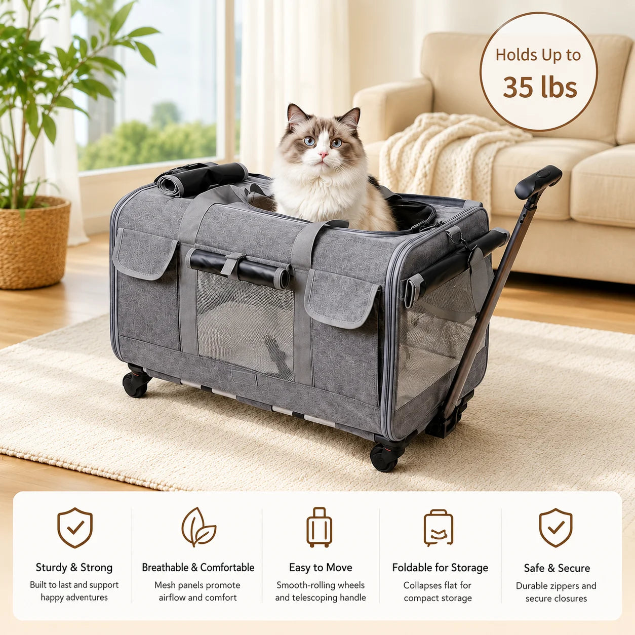 XMSJ Cat And Dog Travel Carrier With Wheels Detachable Rolling Bag