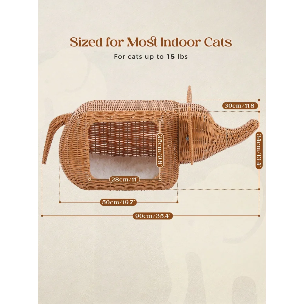 XMSJ Elephant Cat Bed Indoor Handwoven Wicker With Plush Cushion