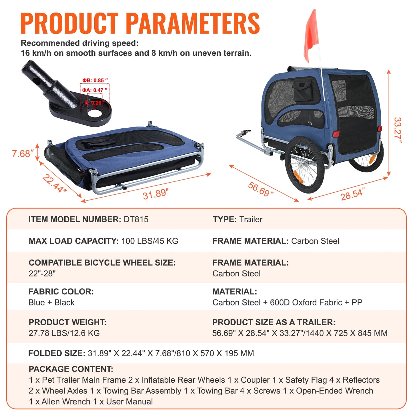 Pet Bike Trailer Carrier for Dogs 100 Lb Capacity Reflectors