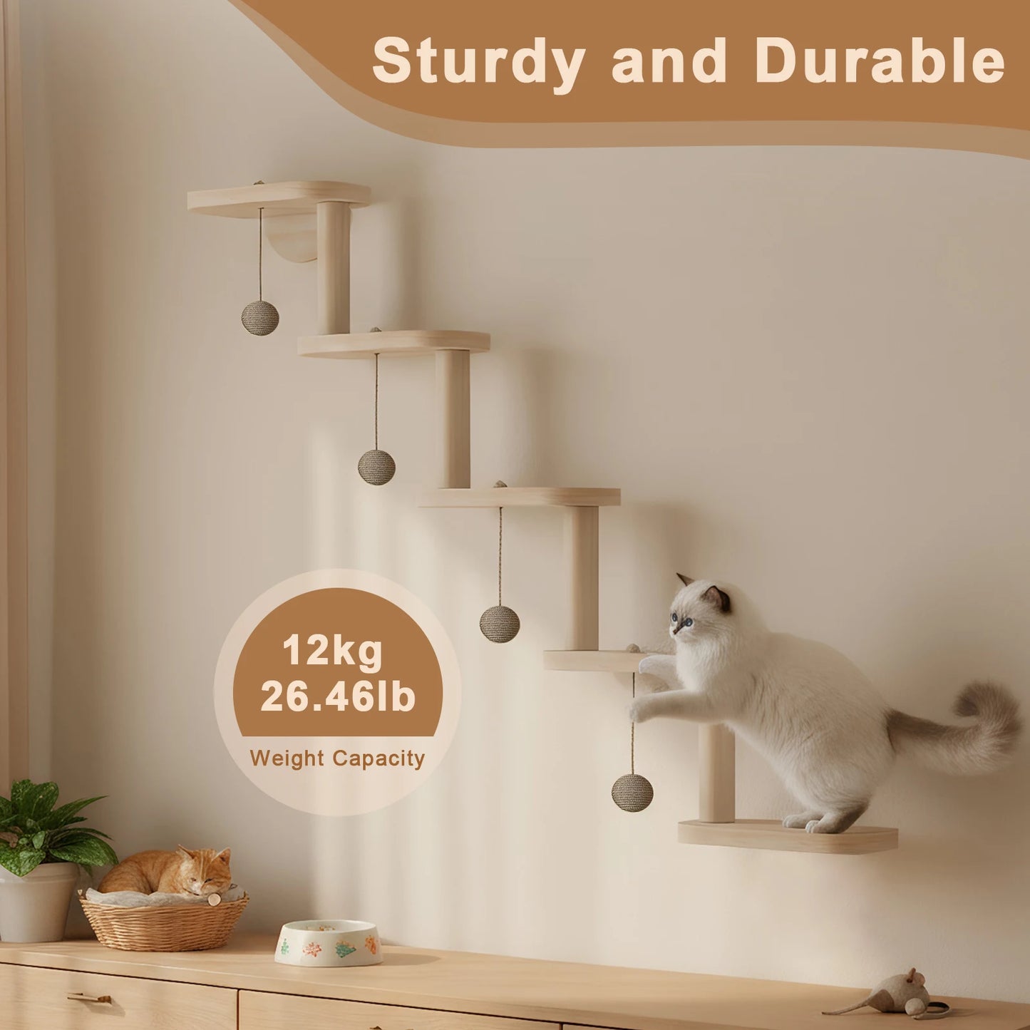 Five Step Wooden Cat Climbing Frame Wall Mounted