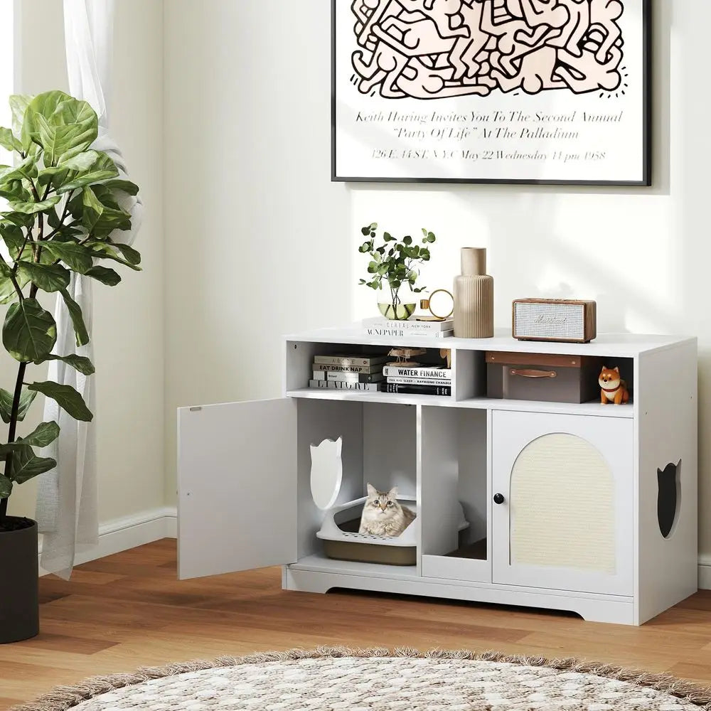 Double Room Cat Litter Box Enclosure With Shelves Scratching Board