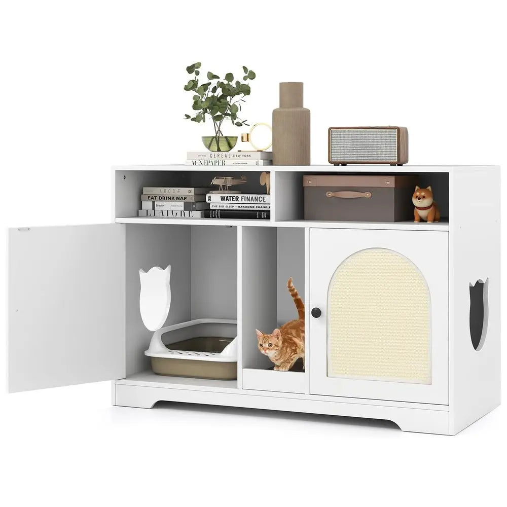 Double Room Cat Litter Box Enclosure With Shelves Scratching Board