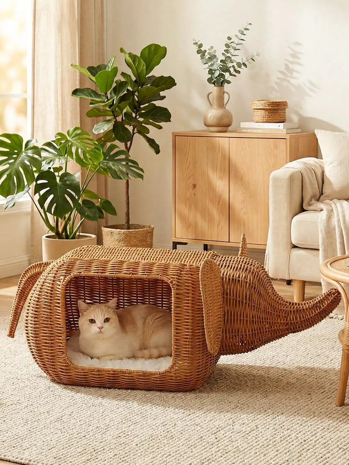 XMSJ Elephant Cat Bed Indoor Handwoven Wicker With Plush Cushion
