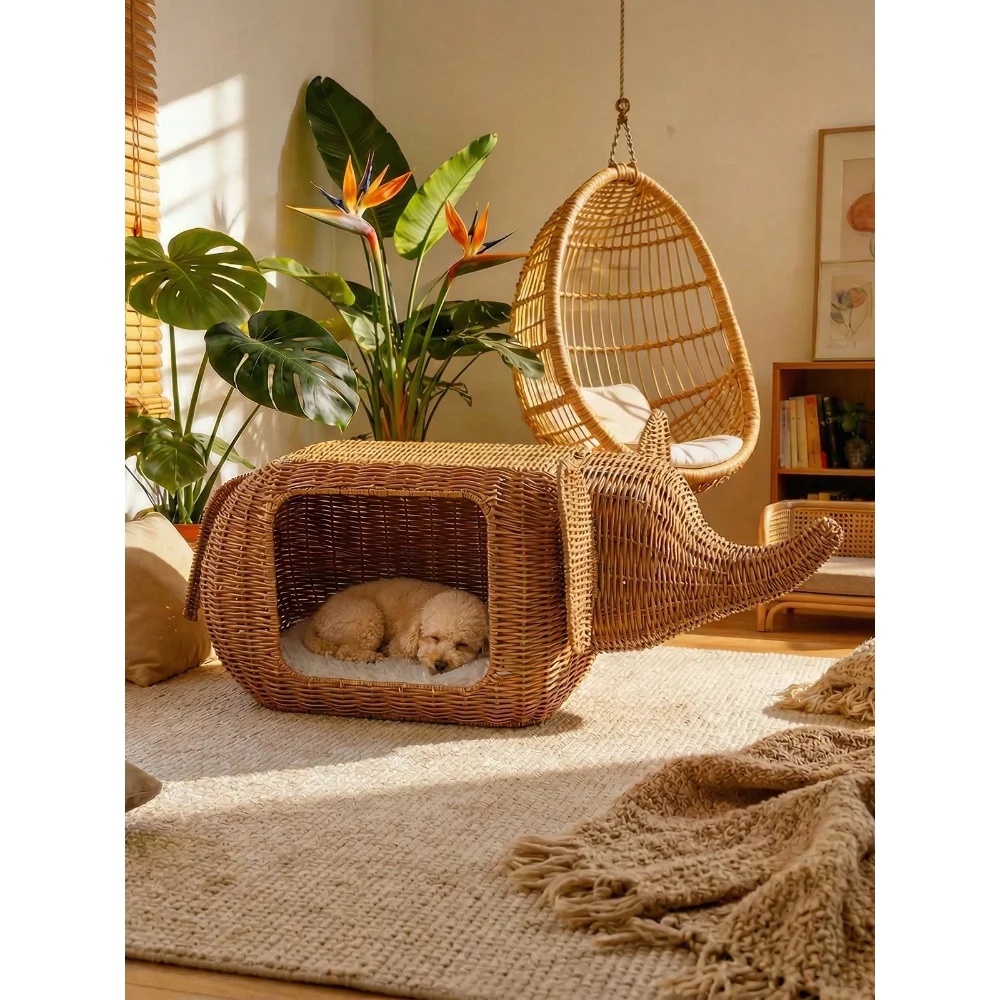 XMSJ Elephant Cat Bed Indoor Handwoven Wicker With Plush Cushion