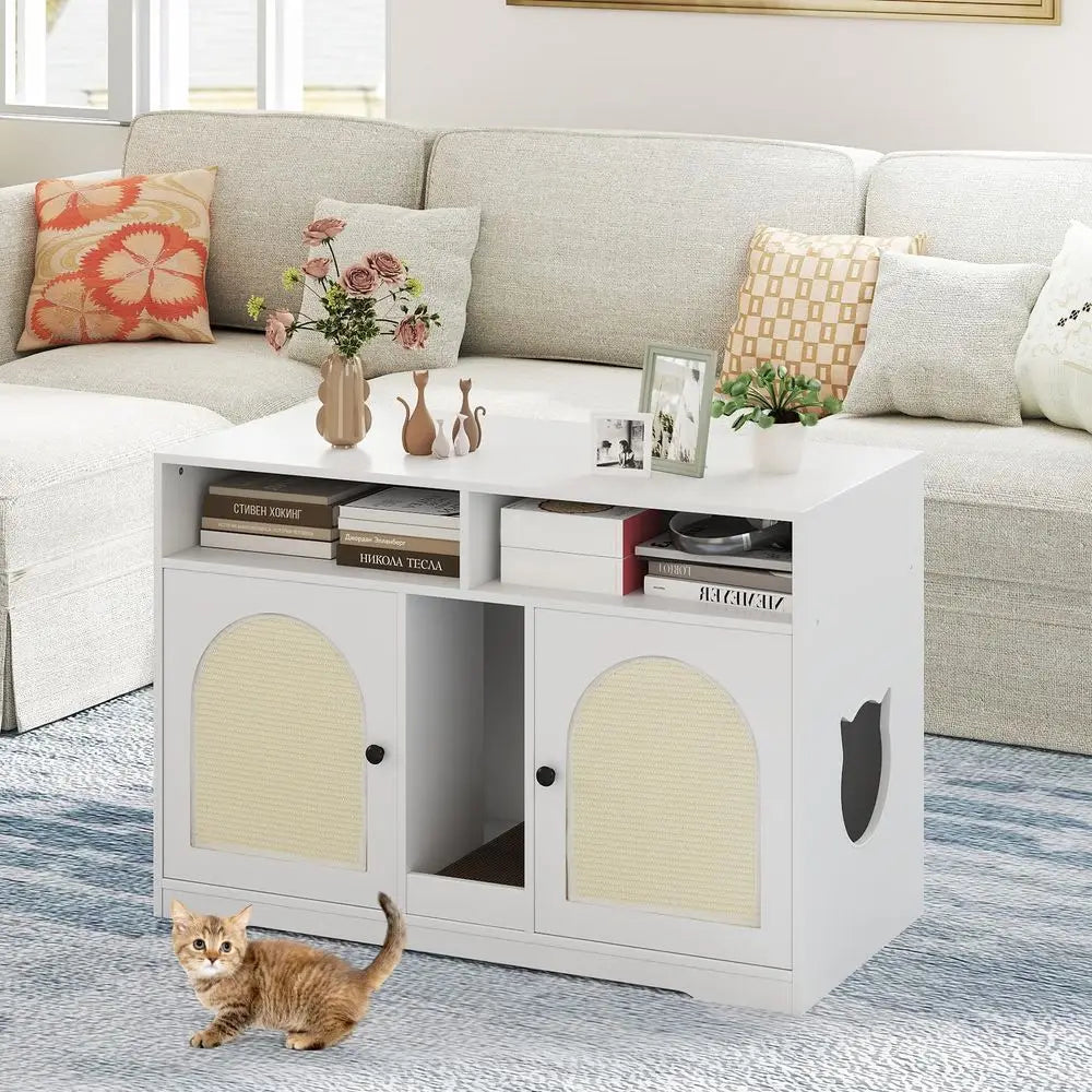 Double Room Cat Litter Box Enclosure With Shelves Scratching Board