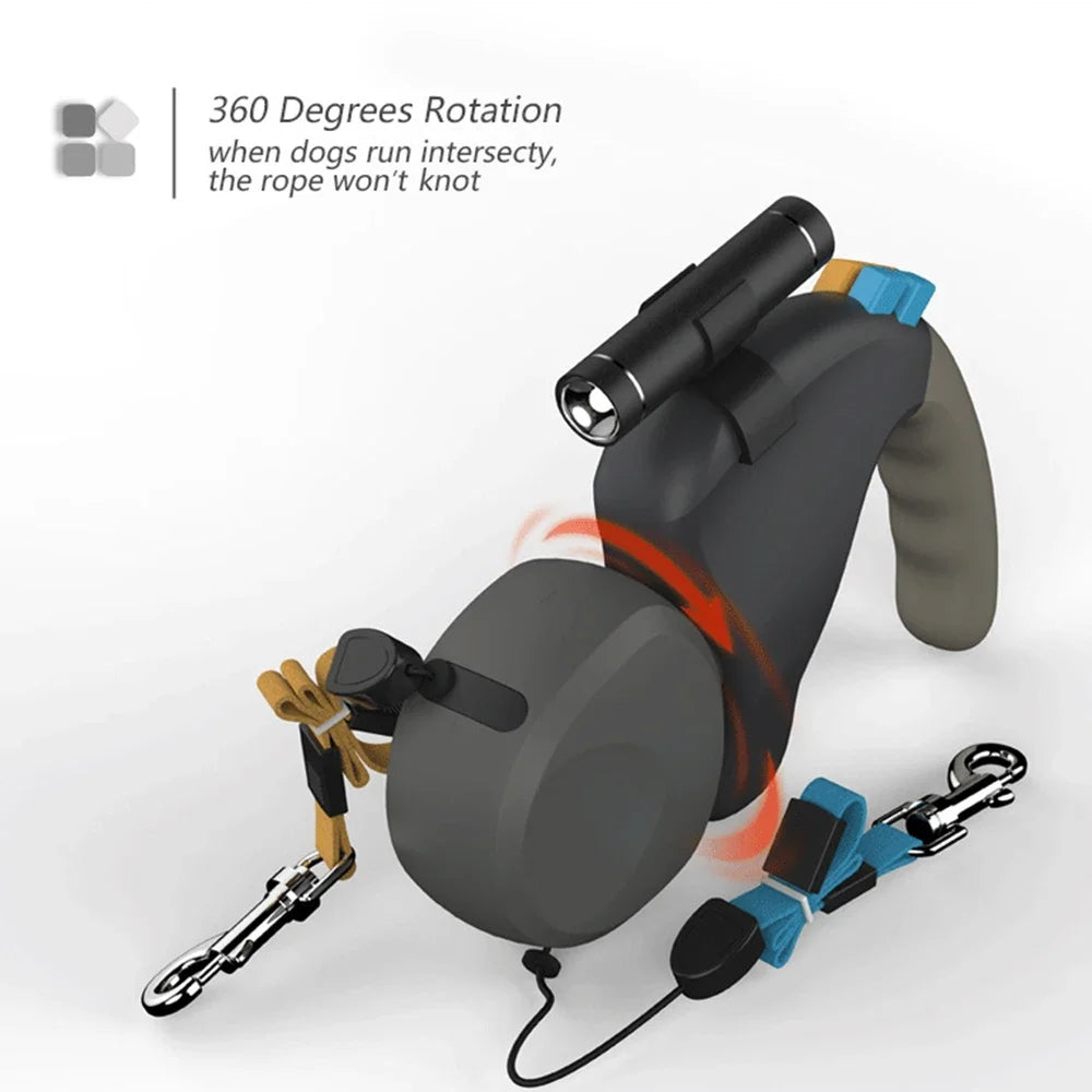 Double Dog Leash Retractable With Light For Walking Two Dogs