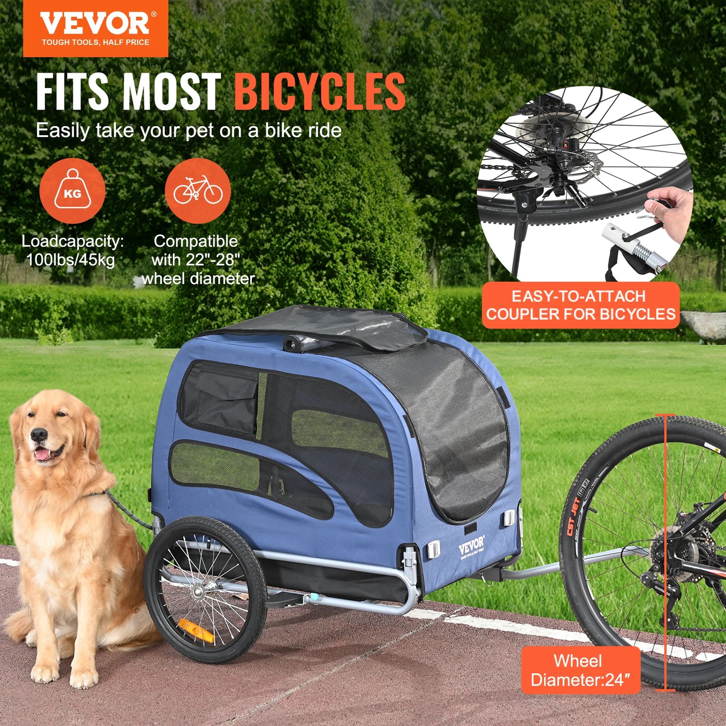 Pet Bike Trailer Carrier for Dogs 100 Lb Capacity Reflectors