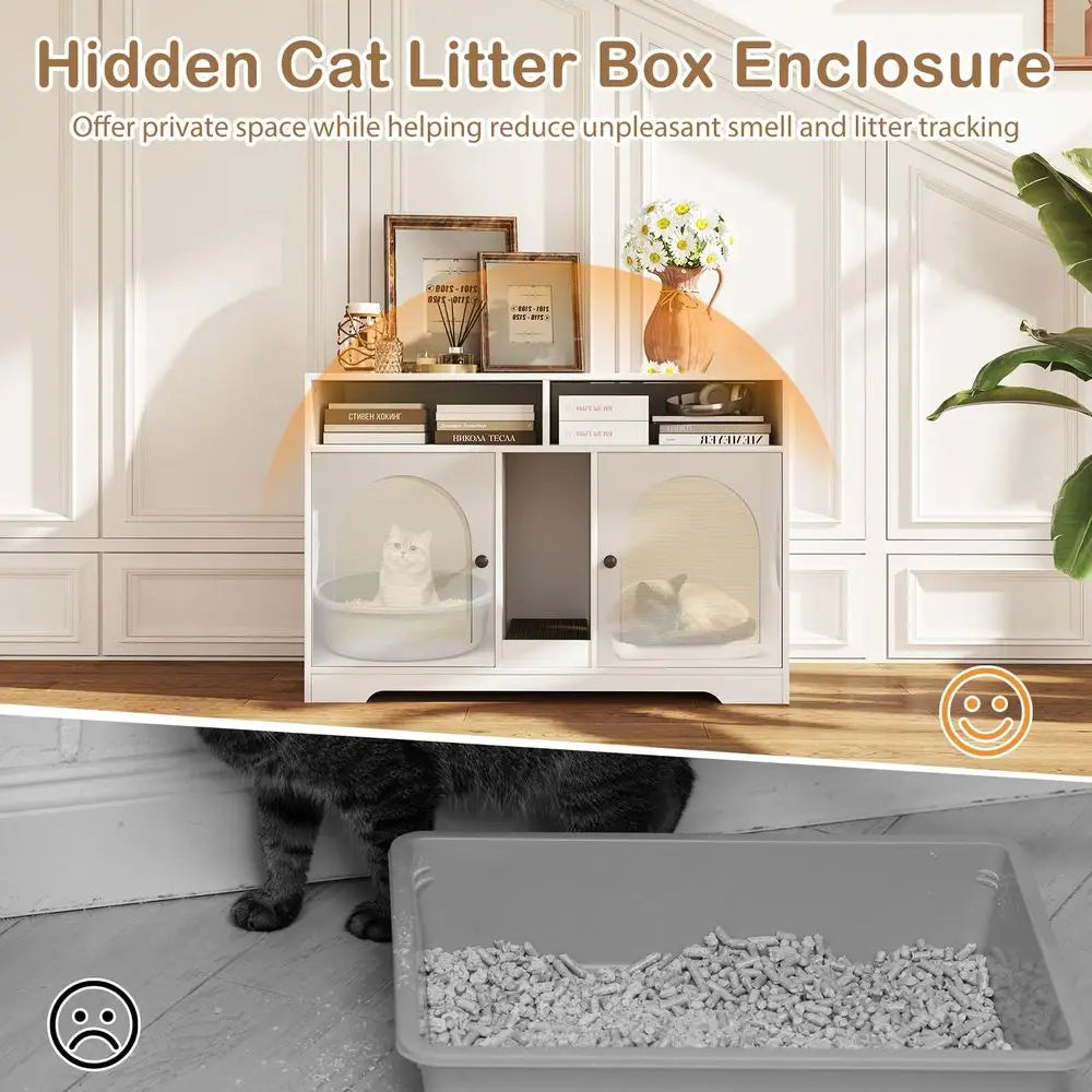 Double Room Cat Litter Box Enclosure With Shelves Scratching Board