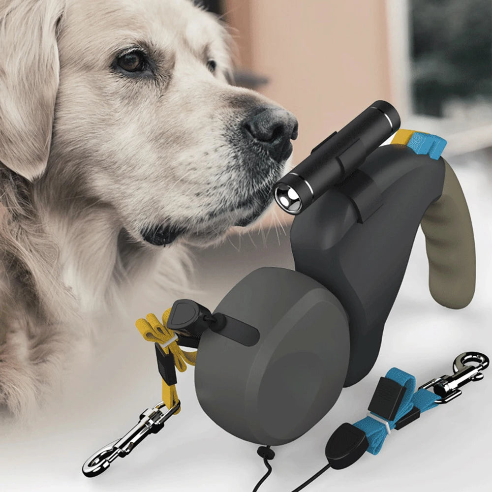 Double Dog Leash Retractable With Light For Walking Two Dogs