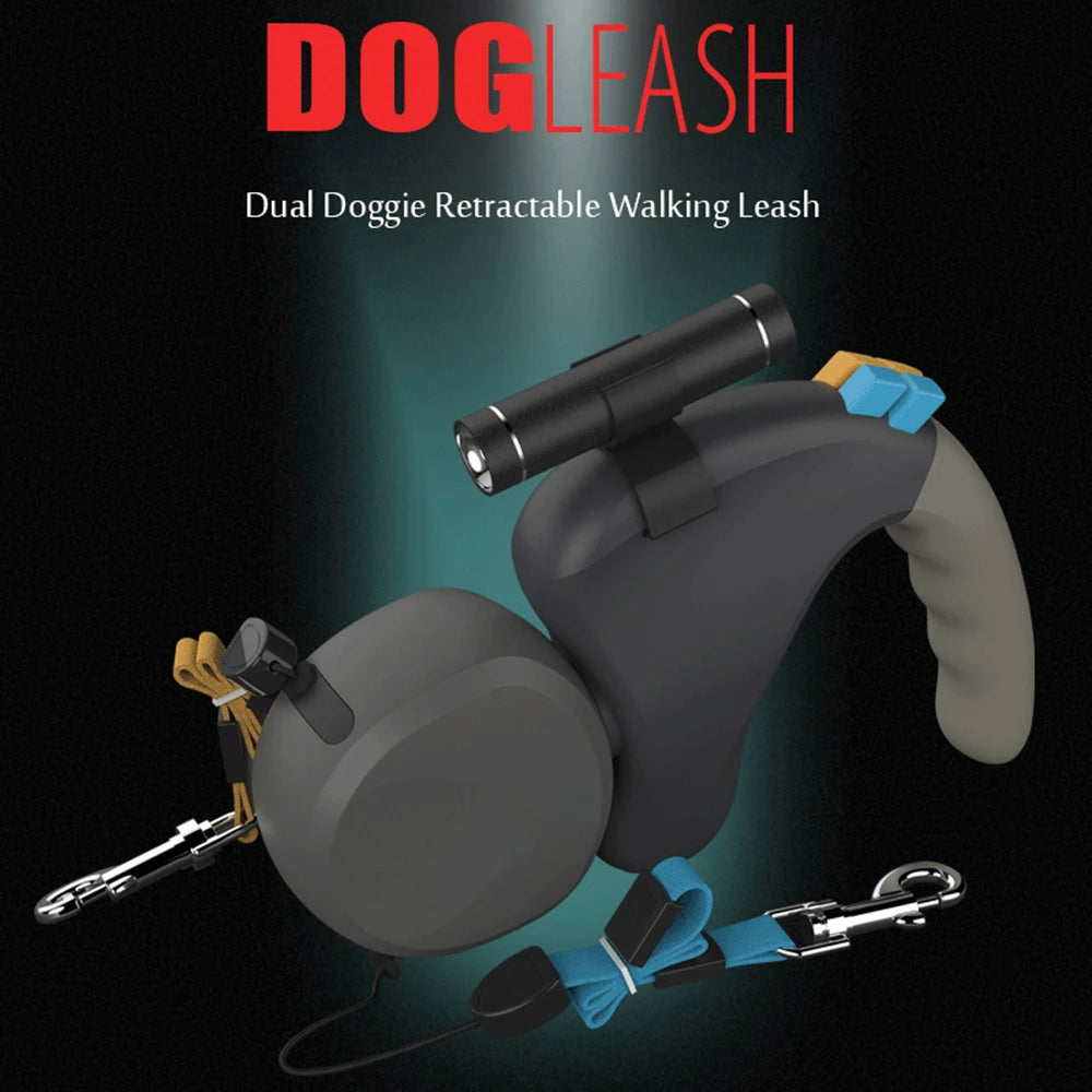 Double Dog Leash Retractable With Light For Walking Two Dogs