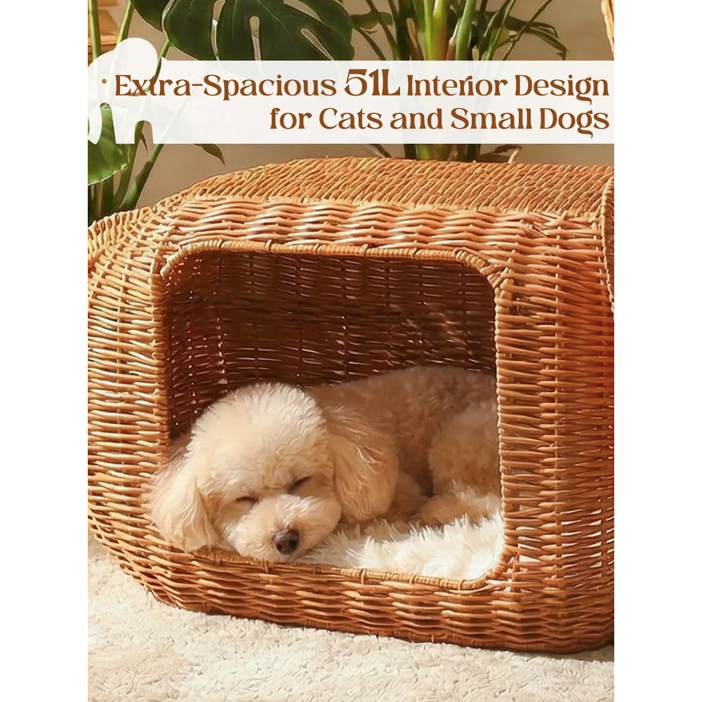 XMSJ Elephant Cat Bed Indoor Handwoven Wicker With Plush Cushion
