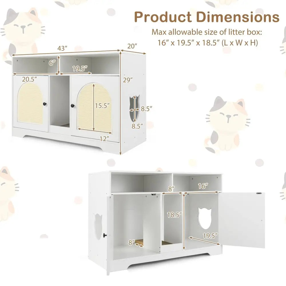 Double Room Cat Litter Box Enclosure With Shelves Scratching Board