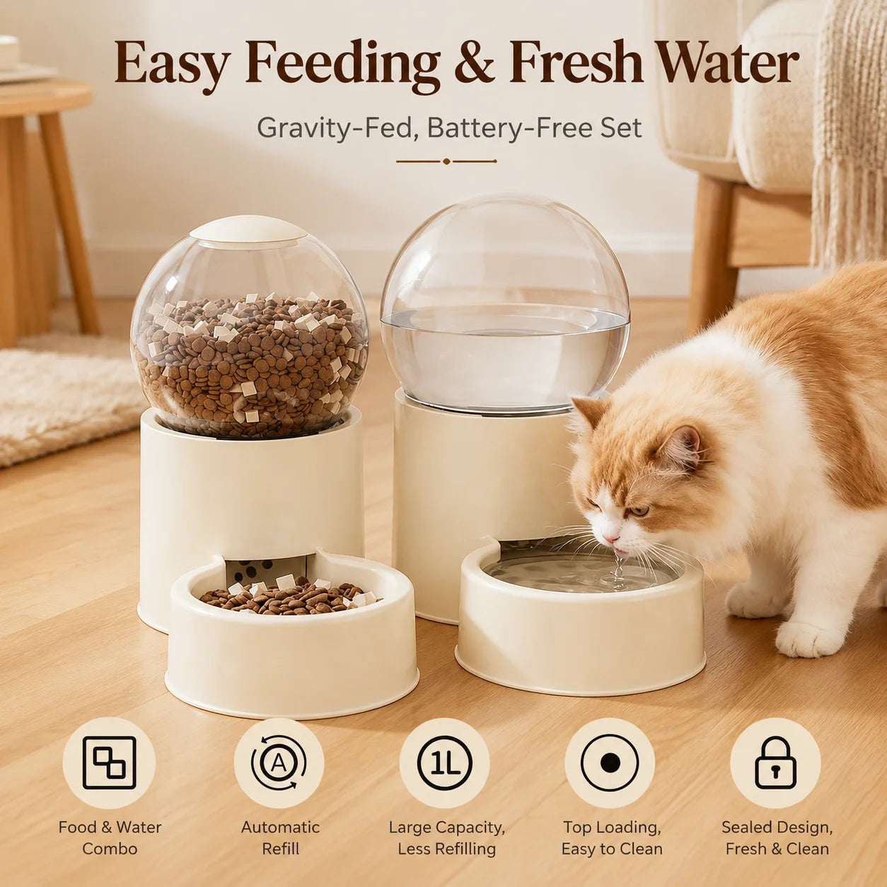 Automatic Gravity Feeder And Water Dispenser For Cats Spill Proof