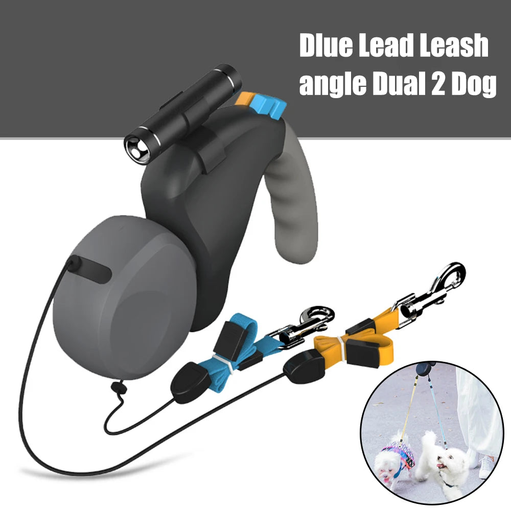 Double Dog Leash Retractable With Light For Walking Two Dogs