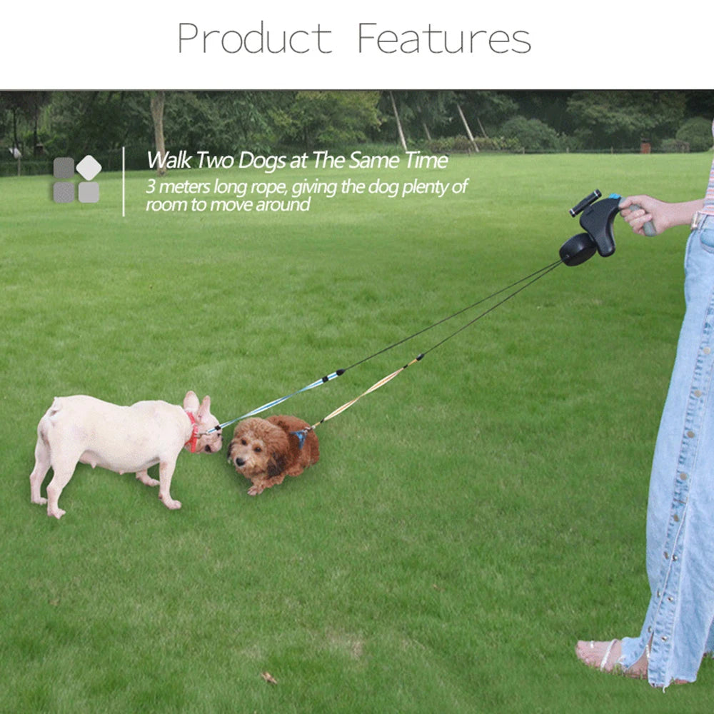 Double Dog Leash Retractable With Light For Walking Two Dogs