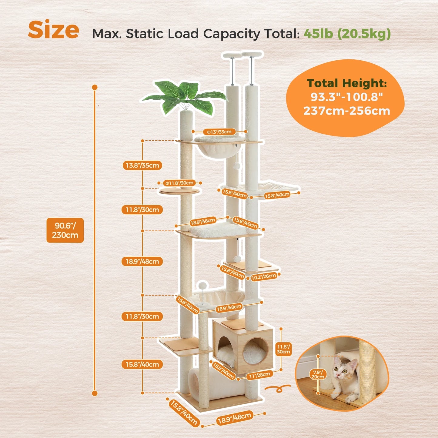 PAWZ Road Height Adjustable Wooden Cat Tree Sisal Posts Hammock