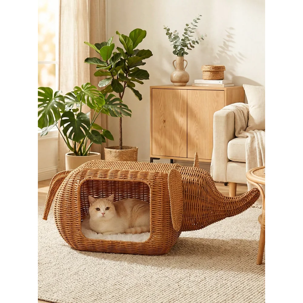 XMSJ Elephant Cat Bed Indoor Handwoven Wicker With Plush Cushion